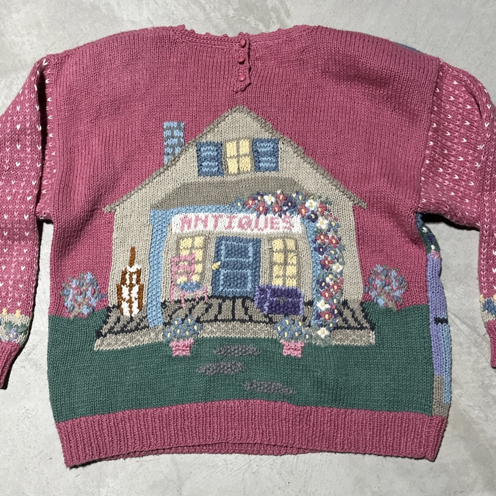 Vintage Hand Knitted Cardigan Sweater SZ L Cottagecore Antiques Farm House Pink - Picture 12 of 13
